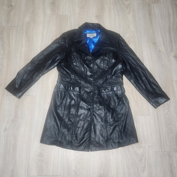 Wilsons Leather Jackets & Blazers - Vintage Wilsons Leather Maxima Trench Coat Women's XL Black Blue Lining Y2K 90s